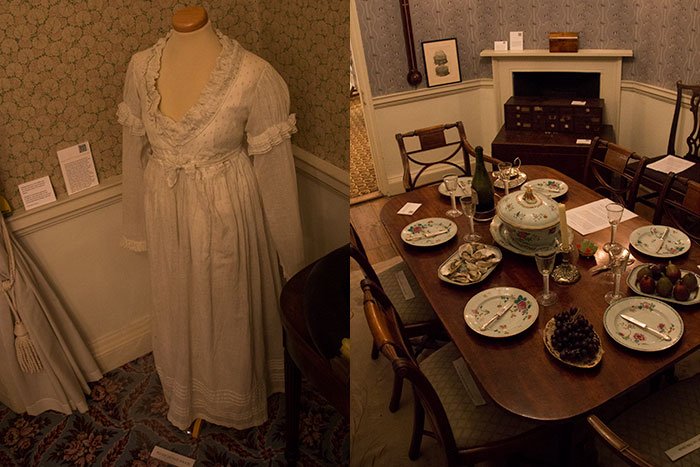Items from Herschel Museum of Astronomy in Bath. Caroline's dress on the left and a table the family used on the right